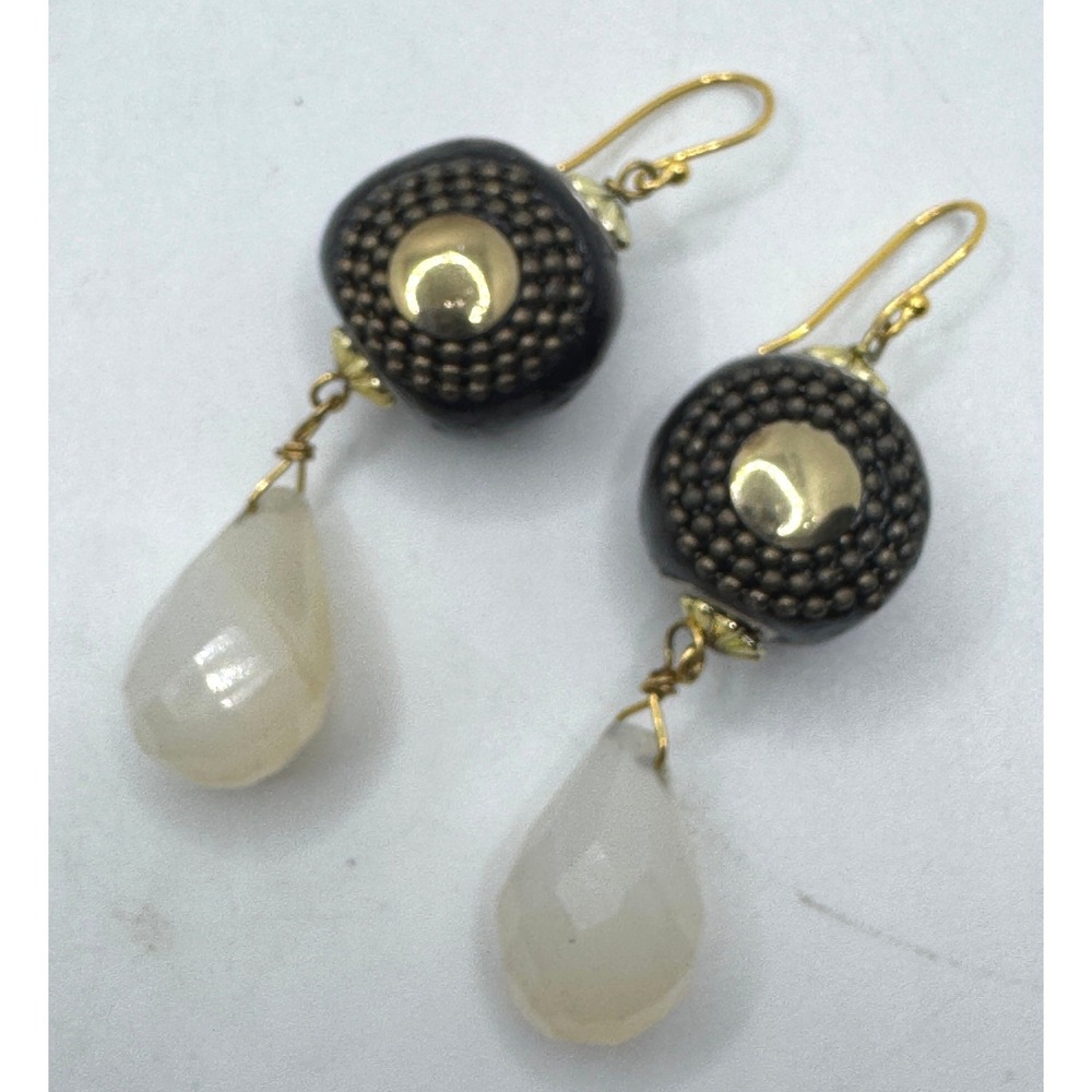 Black Gold Beaded Orb White Faceted Teardrop Drop Earrings Boho Dangle